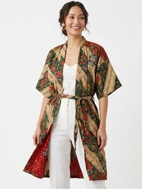 Vintage Pokok Kelapa Indonesian Cotton Batik Kimono Robe No. 2080 - Red & Green